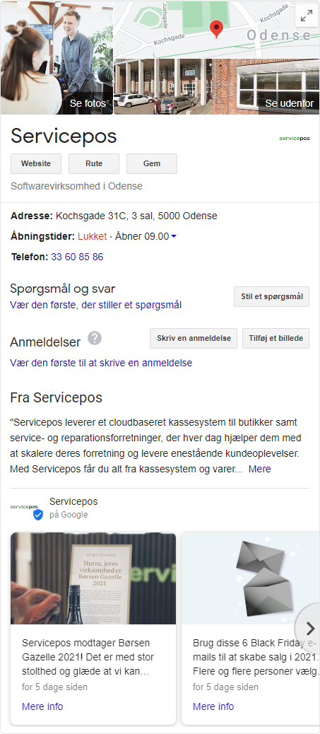 Screenshot af Servicepos Google My Business profil